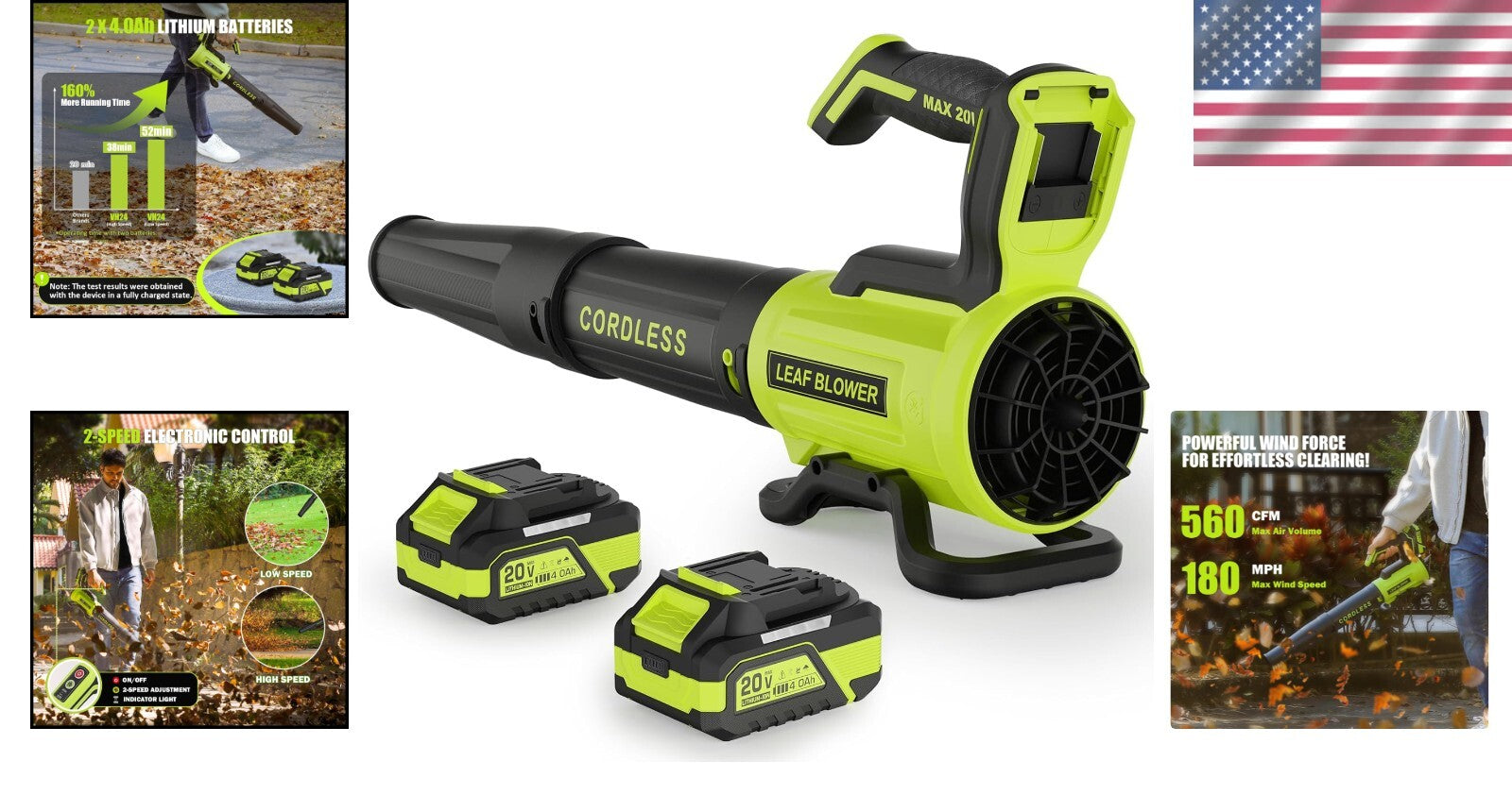 Cordless Leaf Blower with 560 CFM & 180 MPH Power - 2× 4.0Ah Batteries Included