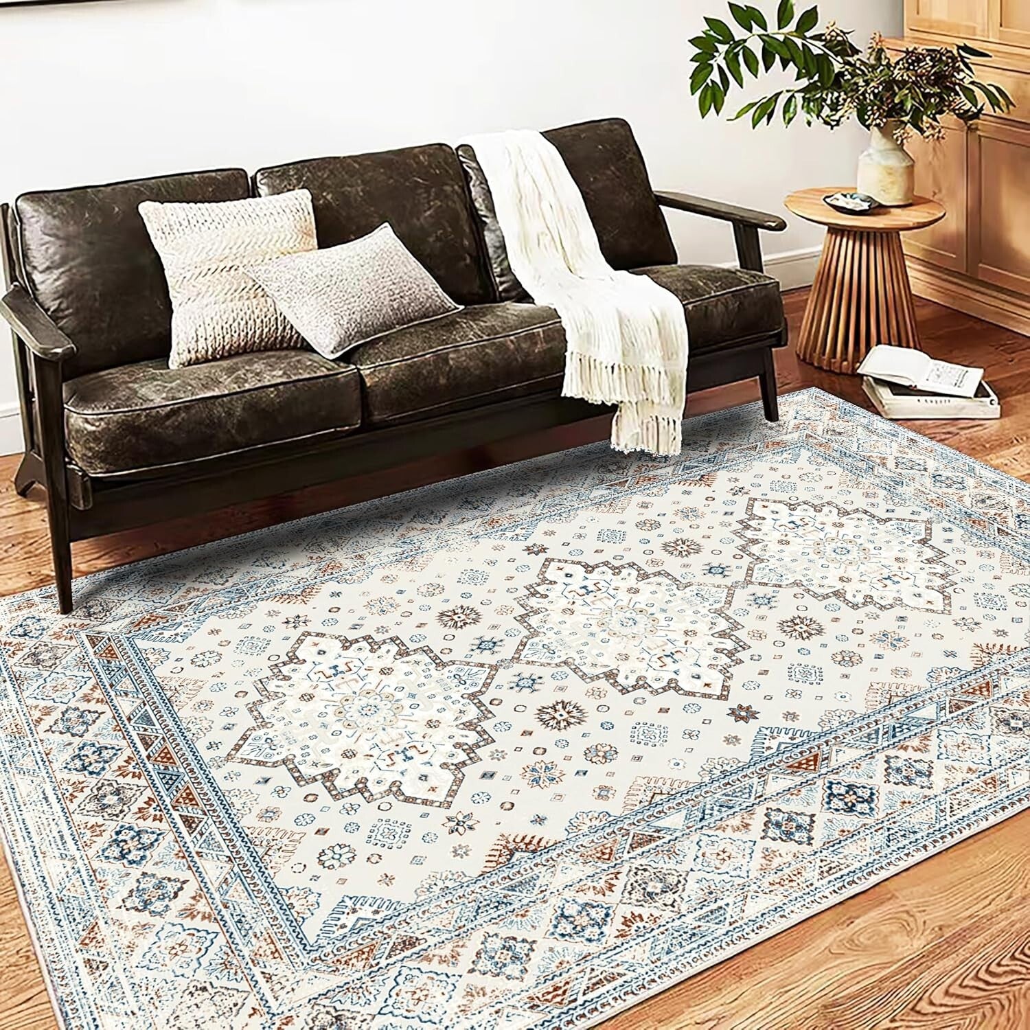 Boho Chic Washable Area Rug 5x7 - Non-Slip Medallion Design for Modern Homes