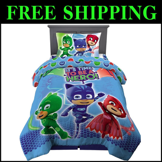 Twin Size PJ Masks Reversible Comforter and Sheet Set - 4 Piece Adventure Set