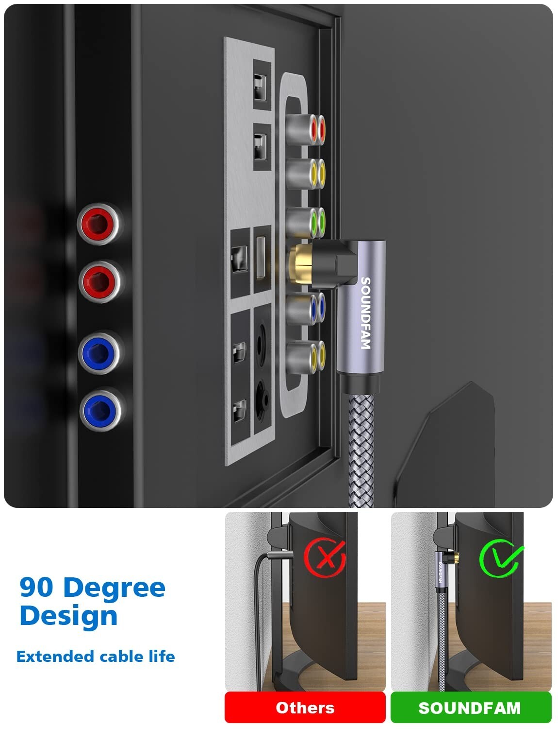 50ft Tangle-Free 90 Degree RCA Cable for Clear Subwoofer Sound & Easy Connection