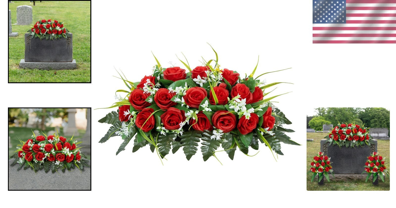Elegant Red Silk Roses Cemetery Headstone Flower Saddle - All-Weather Decor
