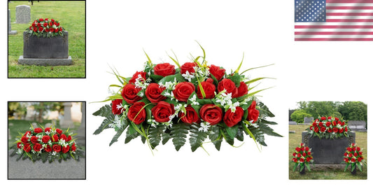 Elegant Red Silk Roses Cemetery Headstone Flower Saddle - All-Weather Decor