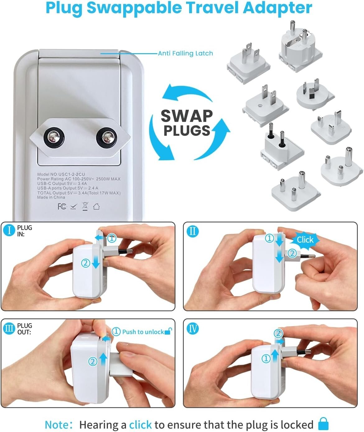 5-in-1 Universal Travel Adapter with USB Ports: Compatible for 150+ Countries