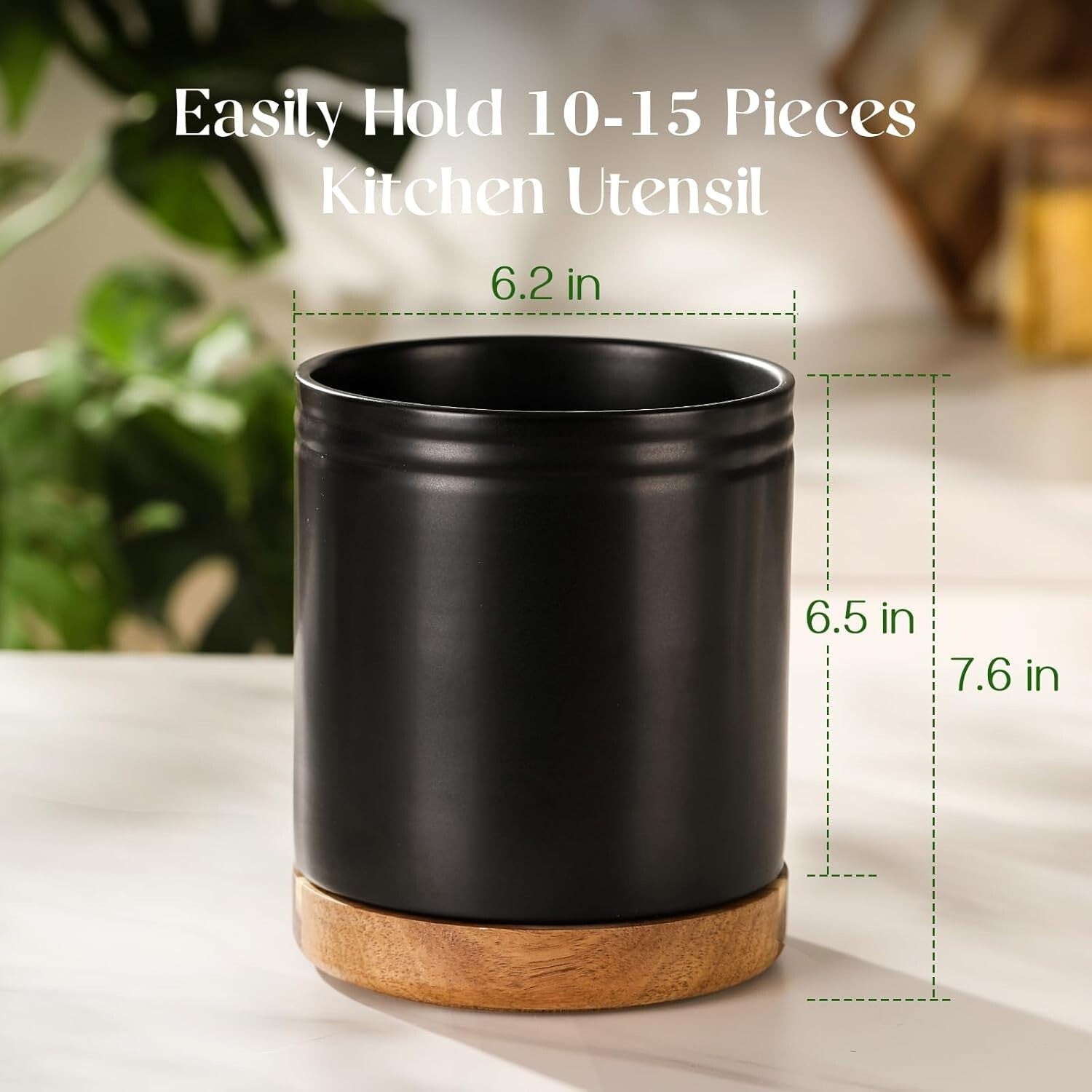 Extra Large Kitchen Utensil Holder - 7.6" Rotating Ceramic Crock in Black