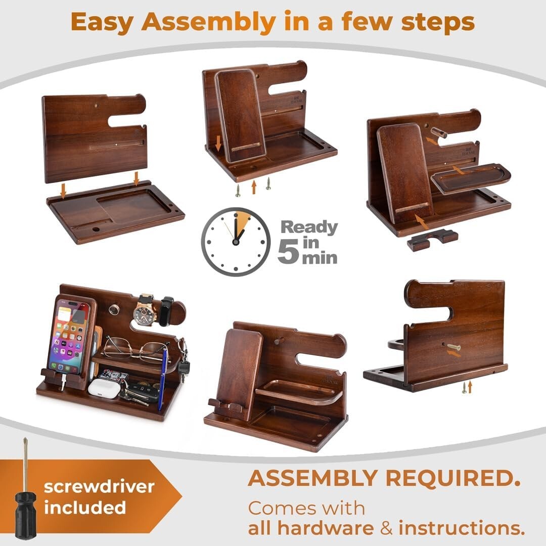 Elegant Wood Phone Docking Station & Organizer for Desk or Nightstand Gifts