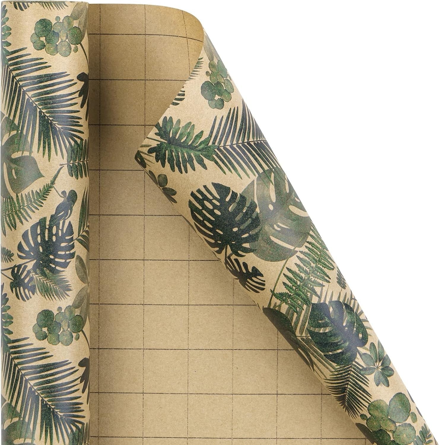 Eco-Friendly Kraft Wrapping Paper Roll with Floral Green Leaves - 196 Sq Ft