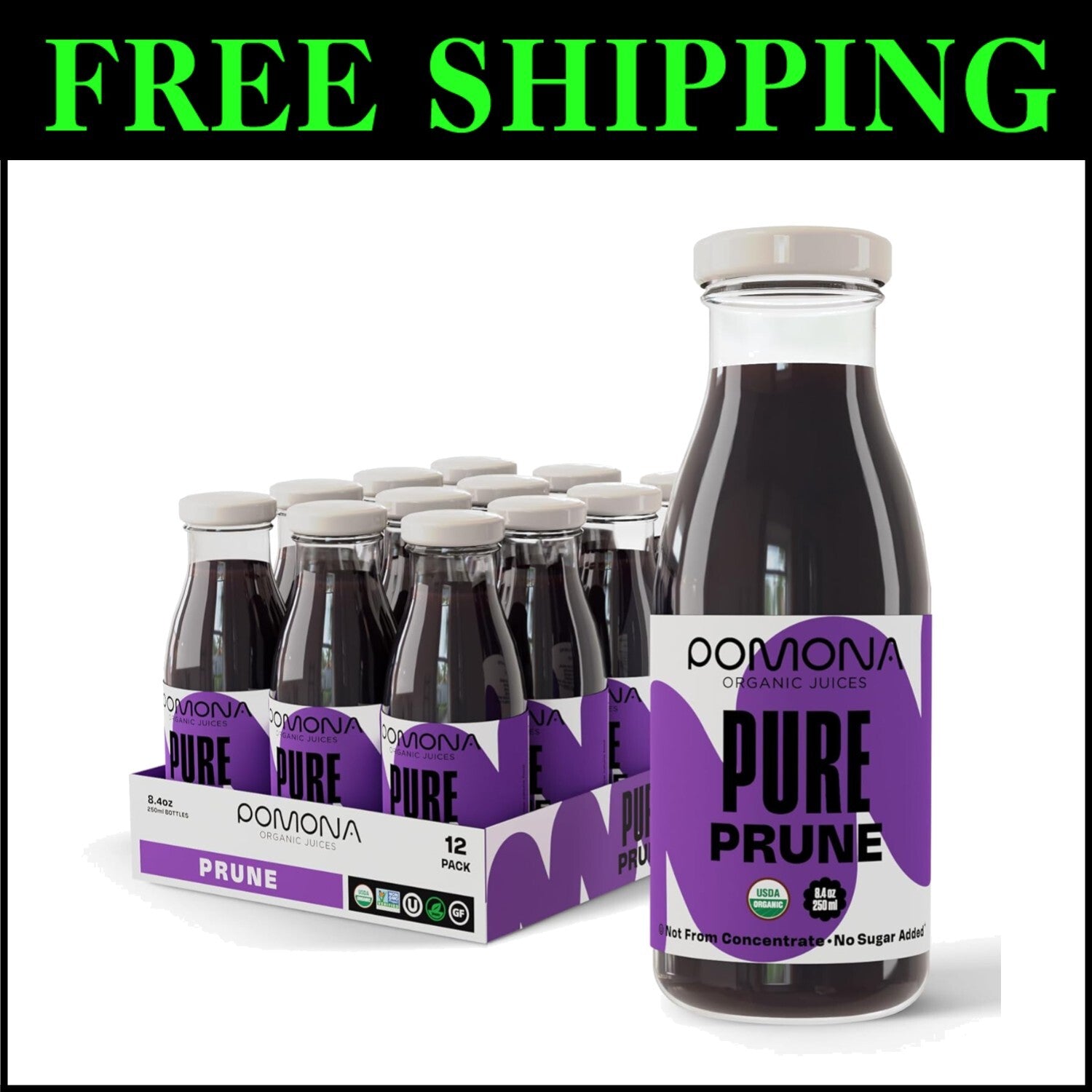 Refreshing 100% Pure Prune Juice - 12 Bottles, No Additives, Vegan-Friendly