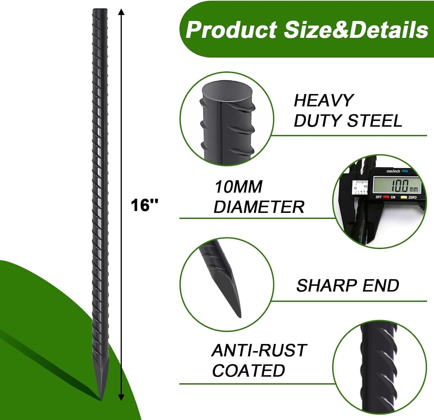 Chisel Point 16" Rebar Stakes - 34 Heavy Duty Steel Anchors for Secure Gardening