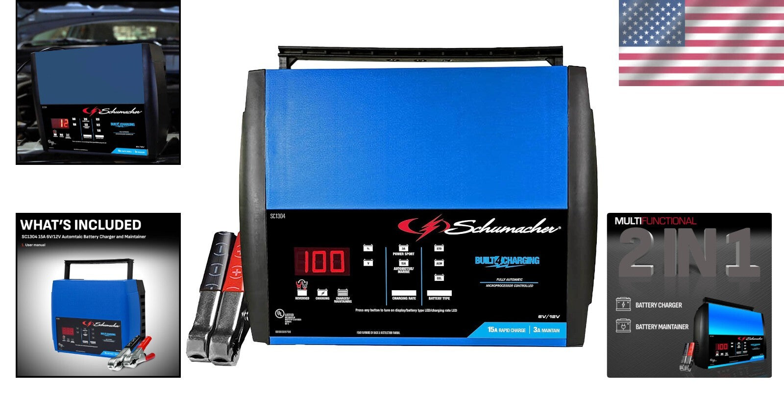 15 Amp Fully Automatic Battery Charger & Maintainer for Marine, Car & Motorcycle