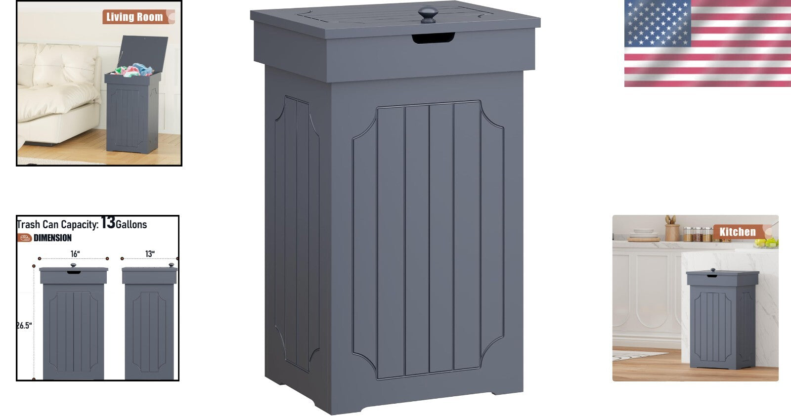 Elegant 13 Gallon Trash Bin with Lid - Durable Eco-Friendly Wooden Design