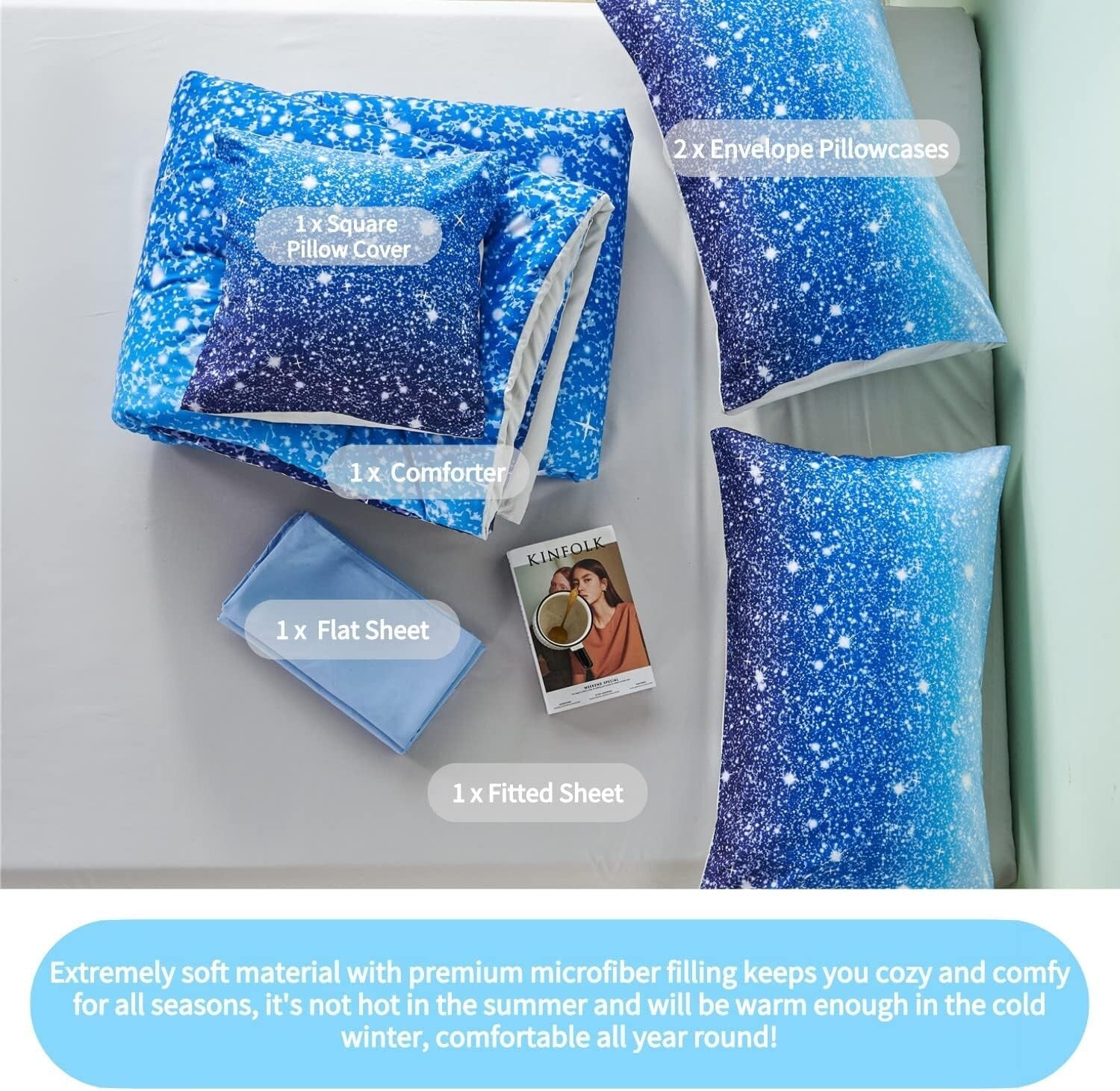 6Pcs Ombre Aqua Blue Glitter Comforter Set for Full Size Beds - Kids Design