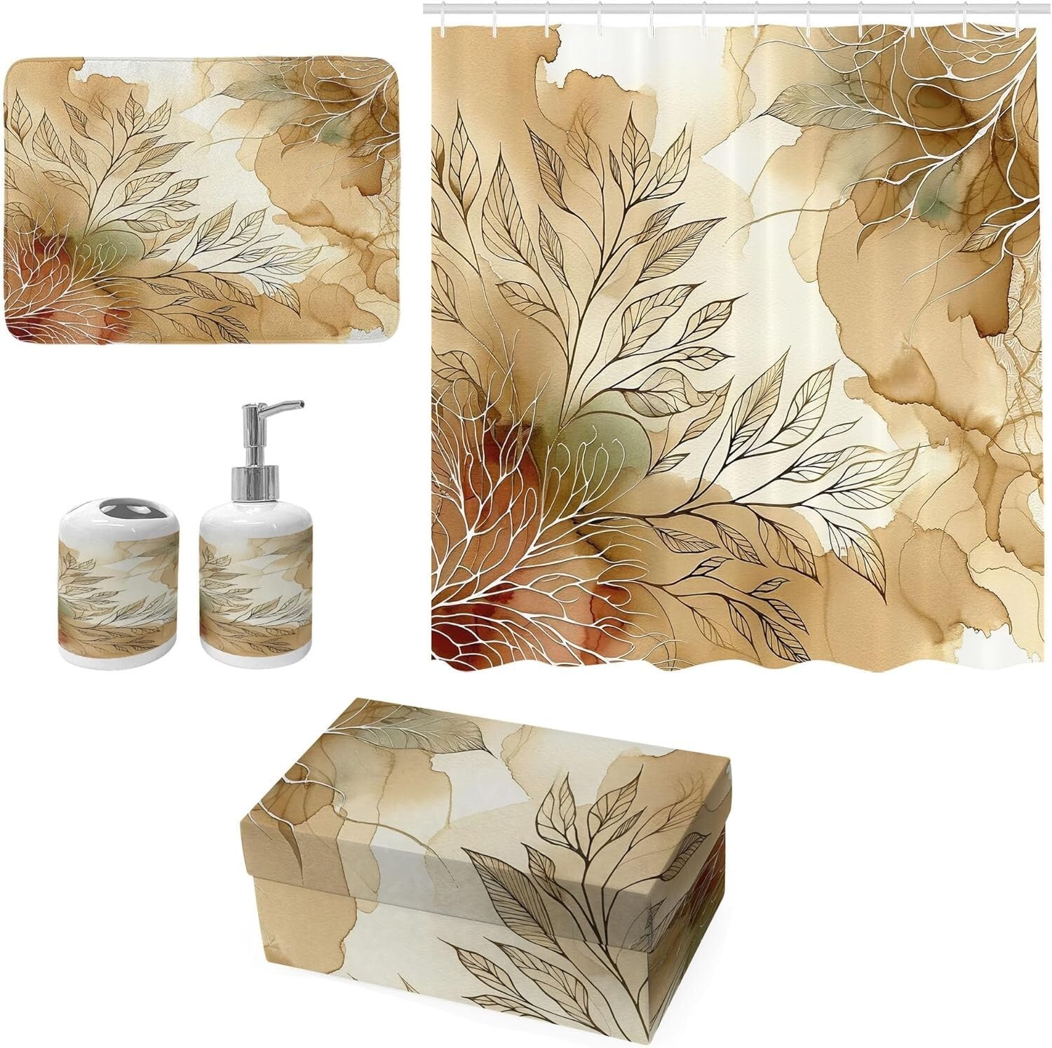 Elegant 4-Piece Bathroom Decor Set with Shower Curtain, Bath Mat, Soap Dispenser