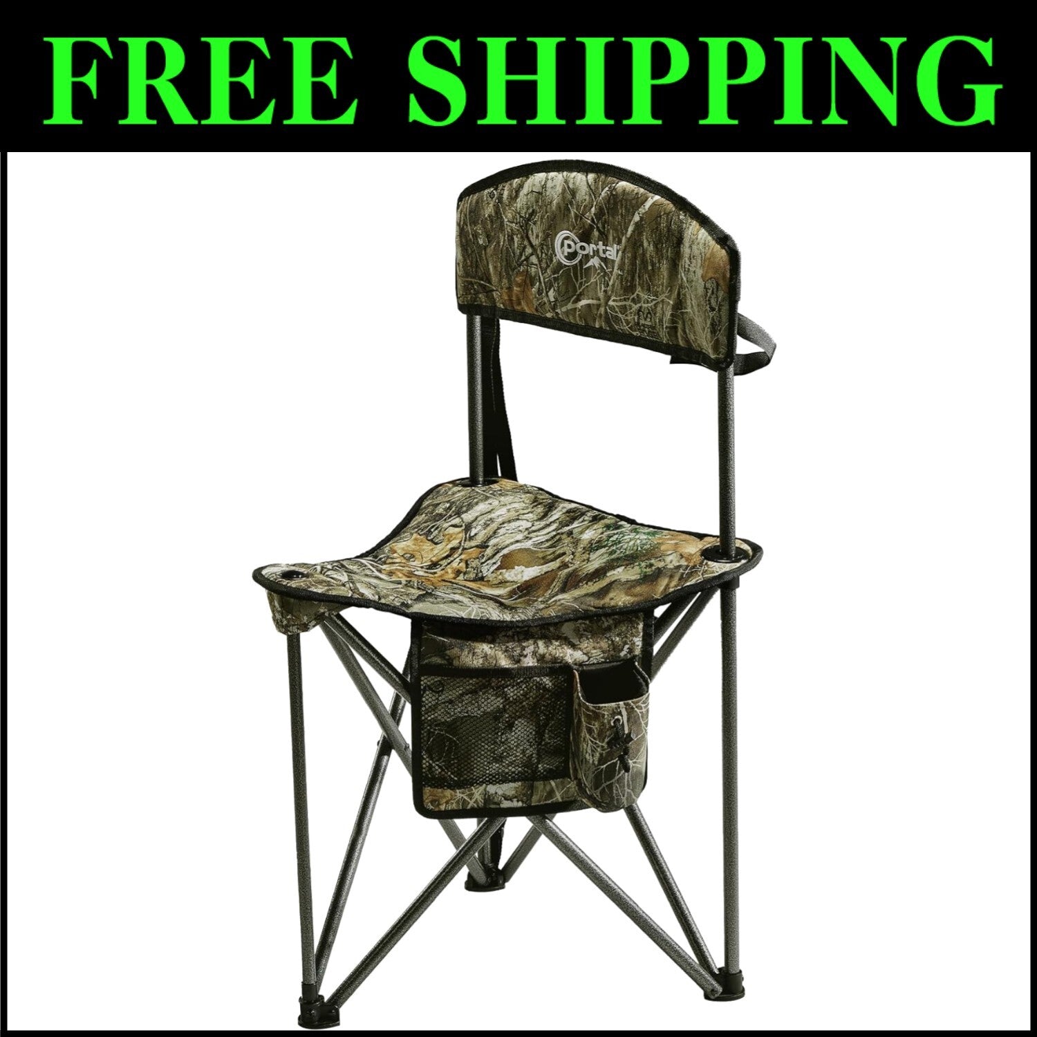 Lightweight Camo Tripod Stool with Backrest - Portable Camping Chair for 225 lbs