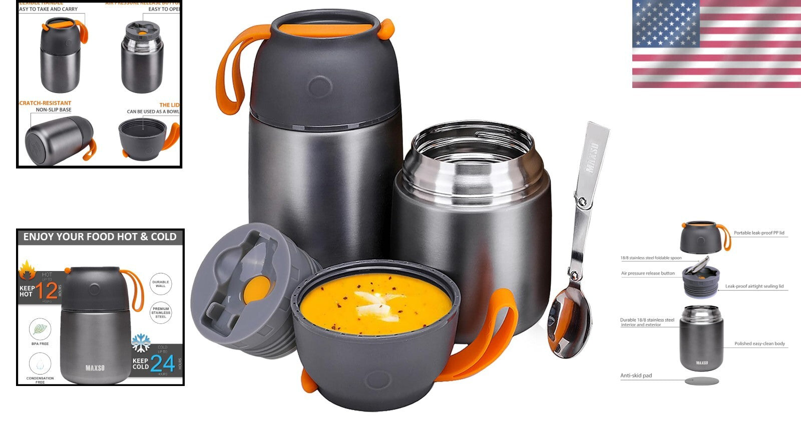 Durable Stainless Steel Insulated Lunch Containers, 2-Pack with Spoon & Fork