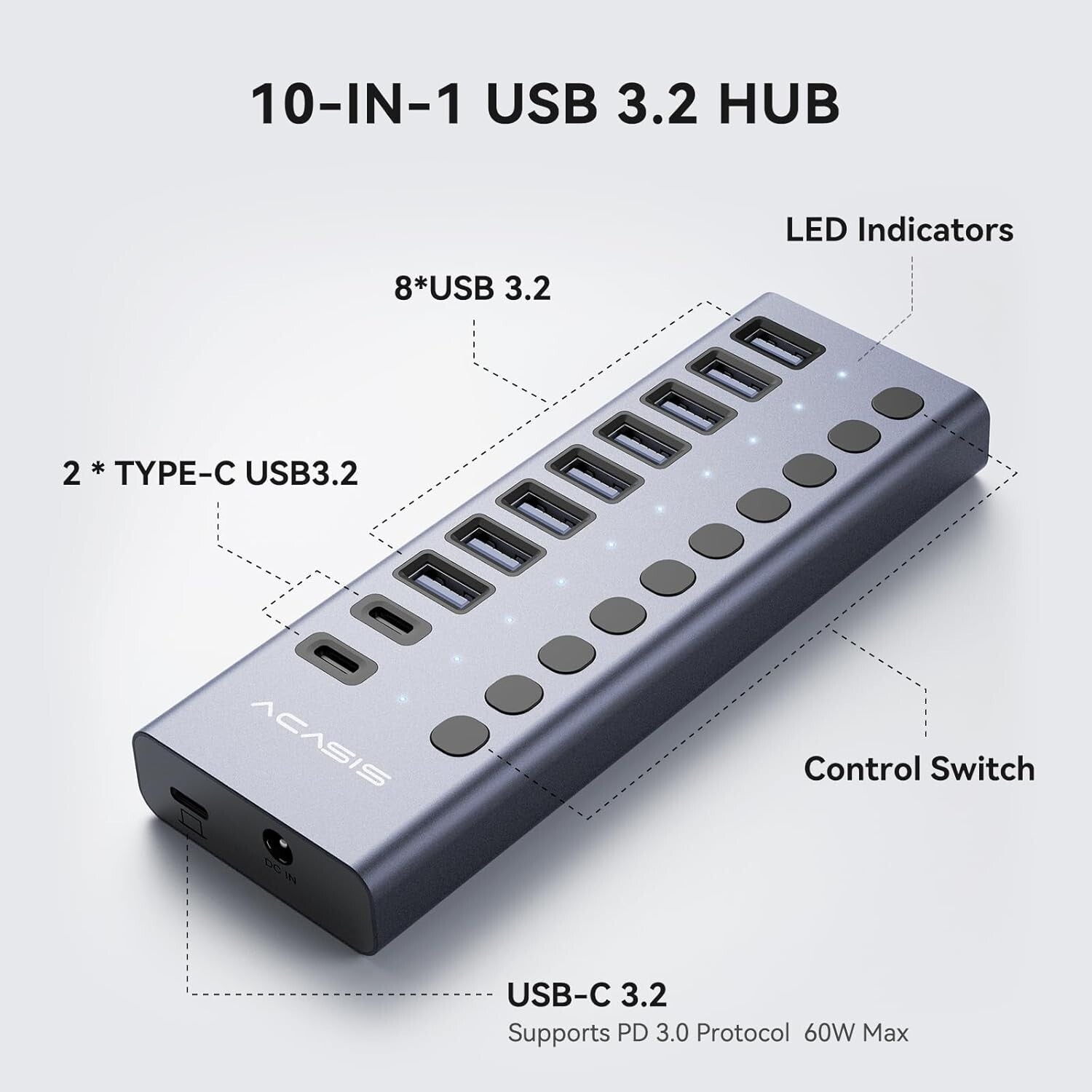 High-Speed USB 3.2 Hub: 10 Ports with Fast 10Gbps Data Transfer & Power Adapter