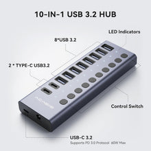 Load image into Gallery viewer, High-Speed USB 3.2 Hub: 10 Ports with Fast 10Gbps Data Transfer &amp; Power Adapter