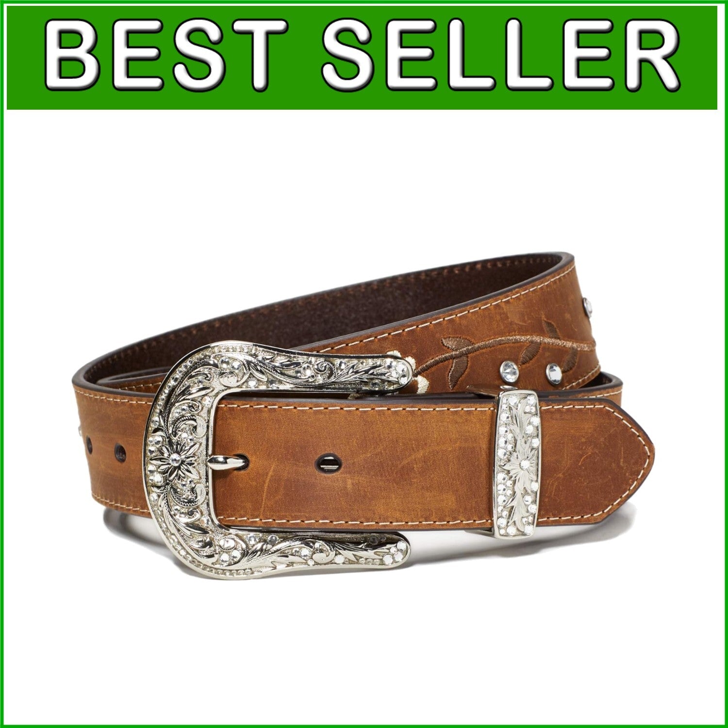 Women’s Floral Stitch Concho Belt with Rhinestone Detail – Customizable Elegance