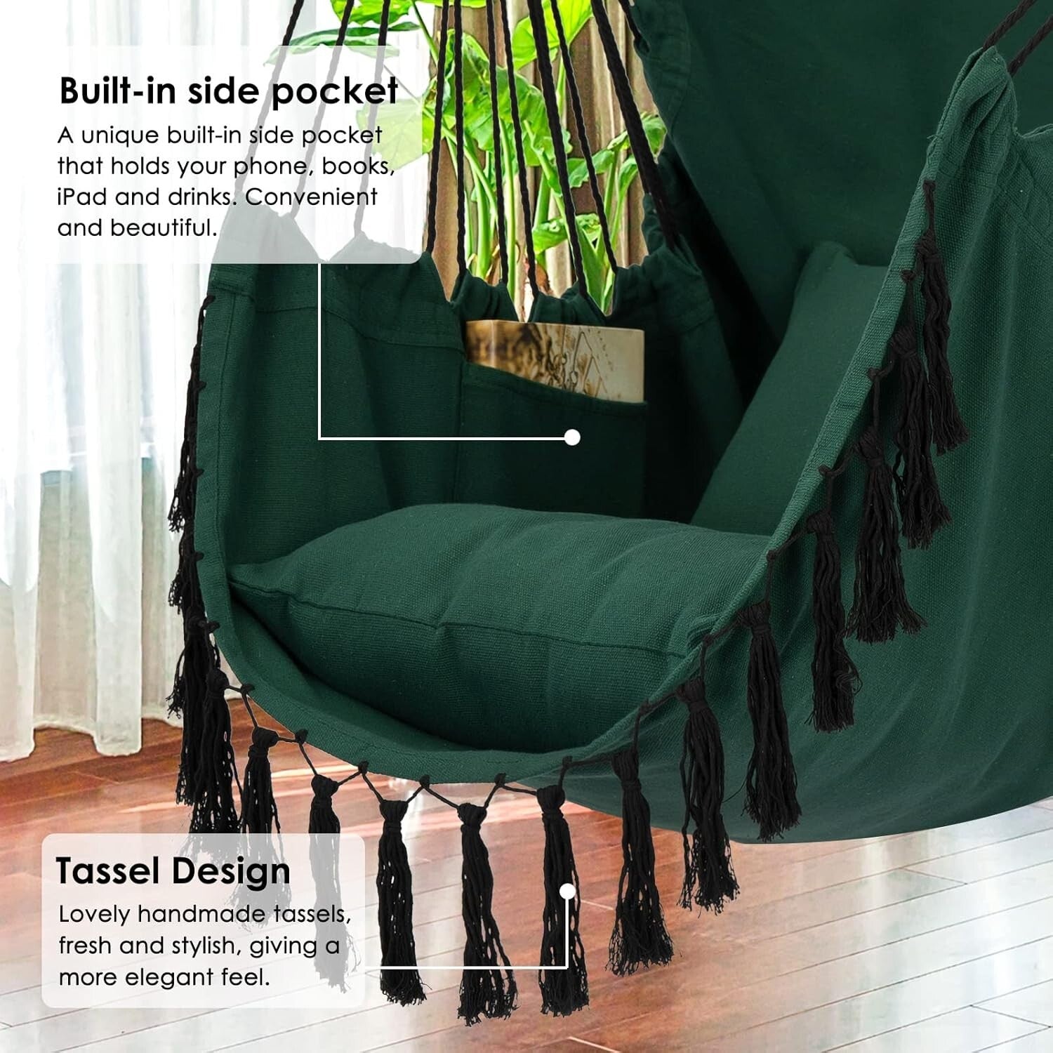 Comfortable Macrame Hanging Chair with Cushions & Side Pocket - Up to 500 lbs