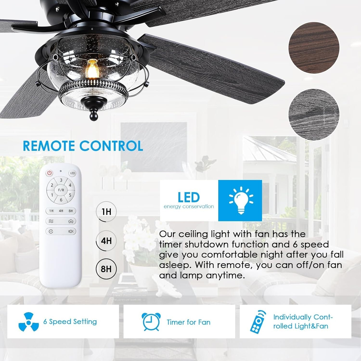 Elegant 52-Inch Black Ceiling Fan with Waterproof LED Light - Ideal for Patios