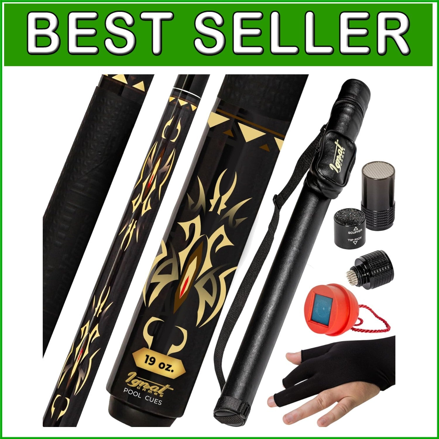 Complete 58" Pool Cue Set - Maple Cue, Care Kit, Glove & Chalk Accessories