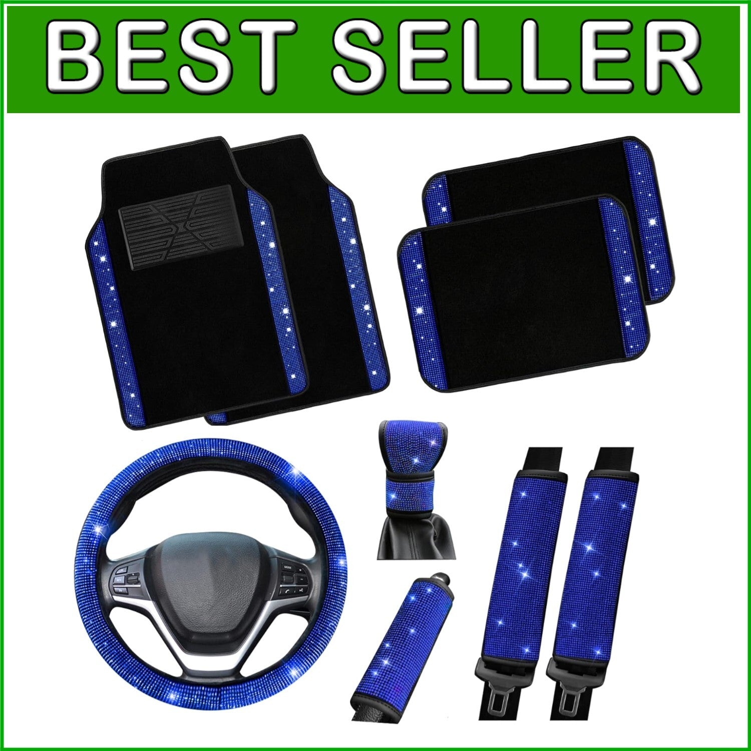 9-Piece Luxury Bling Car Accessory Set with Diamond Steering Wheel Cover