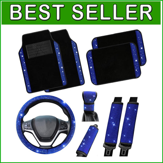 9-Piece Luxury Bling Car Accessory Set with Diamond Steering Wheel Cover