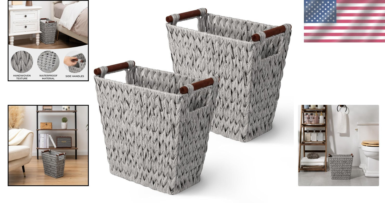 Stylish Handwoven Wicker Basket Trash Cans - Gray, 5 Gallon Capacity