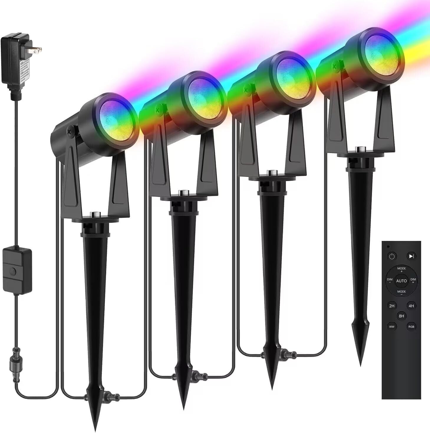 Connectable RGBW Outdoor Spot Lights with Adjustable Heads - Waterproof 4 Pack