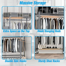 Load image into Gallery viewer, 3-Tier Adjustable Garment Rack with Rolling Wheels &amp; Side Hooks - Gray Finish