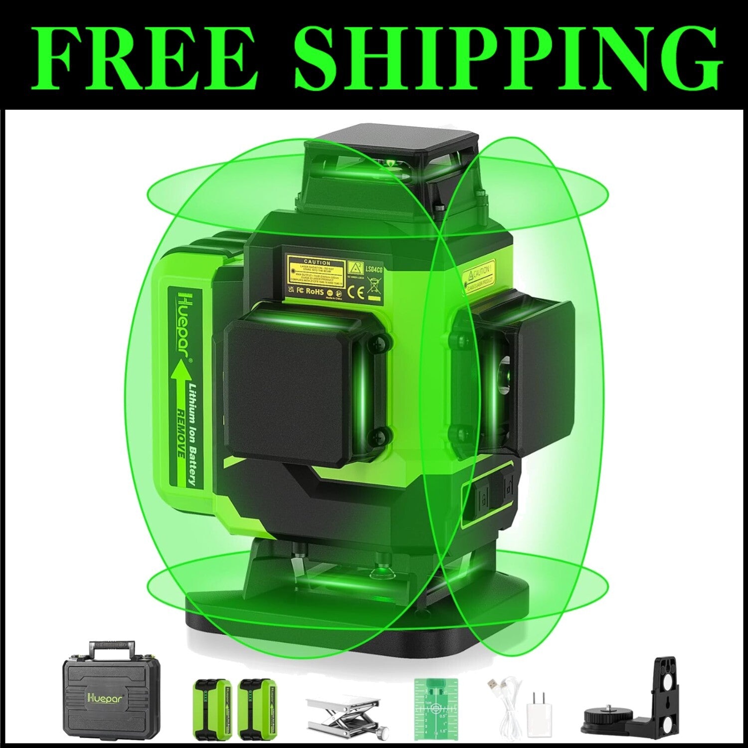 Durable Green Beam 4X360° Laser Level with Lithium-ion Batteries + Accessories