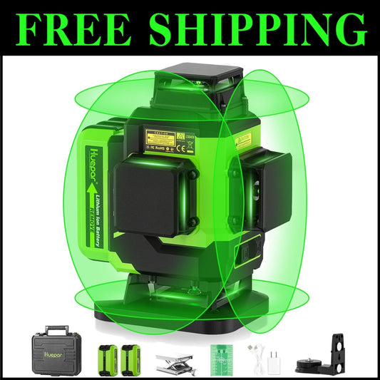 Durable Green Beam 4X360° Laser Level with Lithium-ion Batteries + Accessories