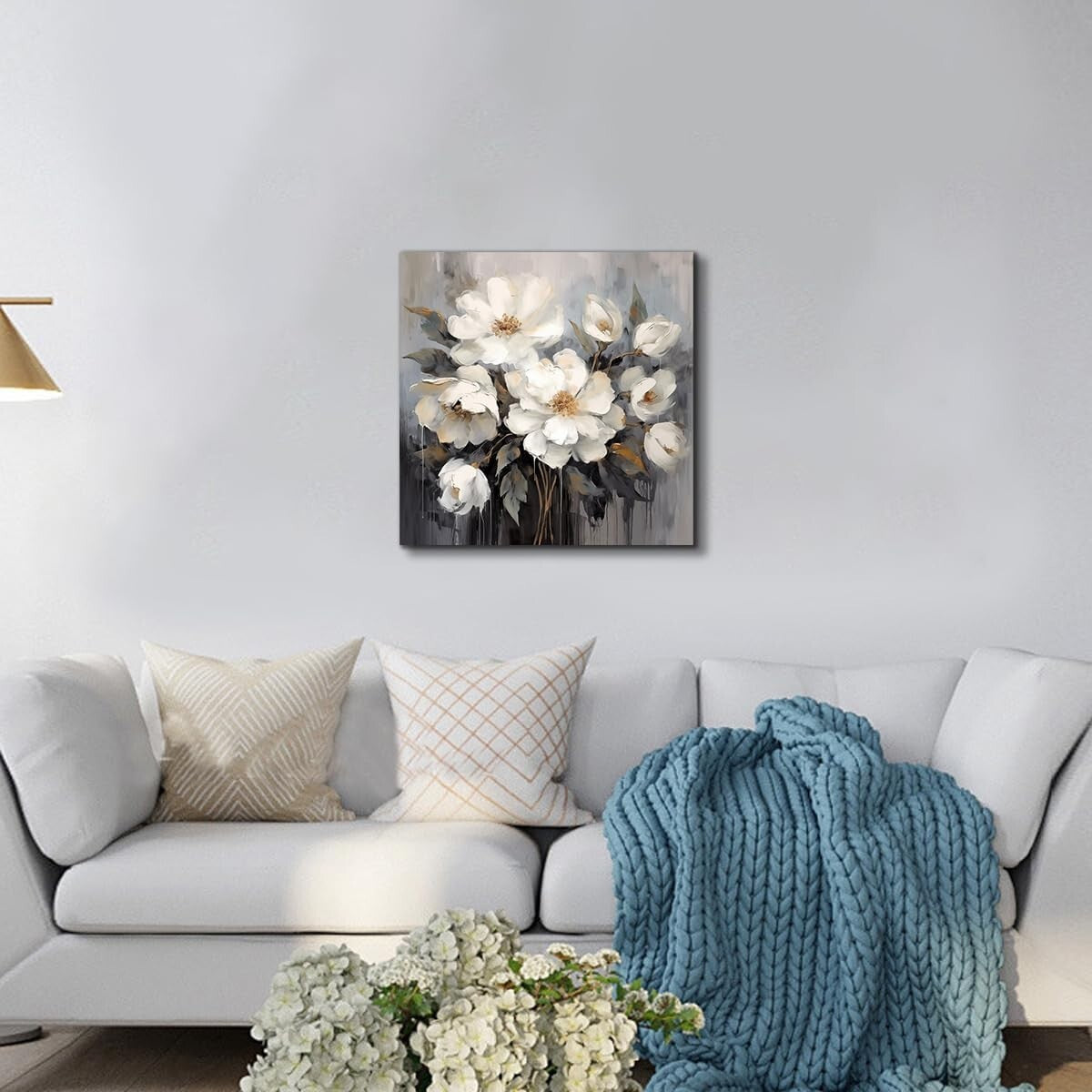 Elegant 24x24in White and Gray Flower Canvas Wall Art for Home Decor