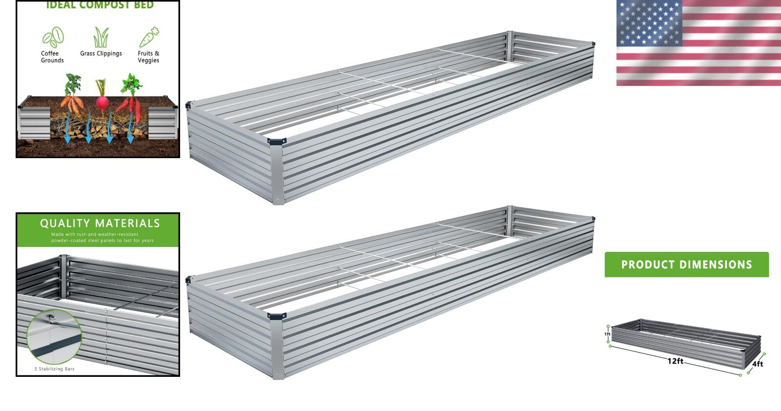 Durable & Safe 2-Piece Raised Garden Bed Kit - 12x4x1FT for Herbs & Fruits