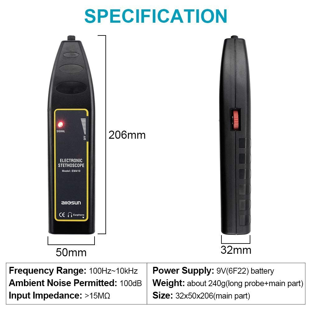 Ultrasonic Automotive Noise Finder Stethoscope with LED Signal Indicator - Black