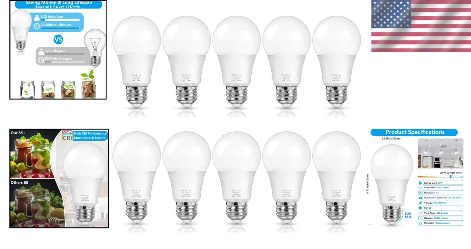 10-Pack A19 LED Light Bulbs - 100W Equivalent, Daylight White 5000K Brightness