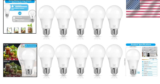 10-Pack A19 LED Light Bulbs - 100W Equivalent, Daylight White 5000K Brightness