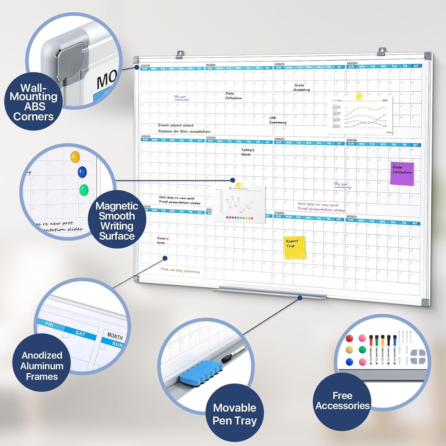 Magnetic Whiteboard Calendar 12-Month Planner - Perfect for Home & Office
