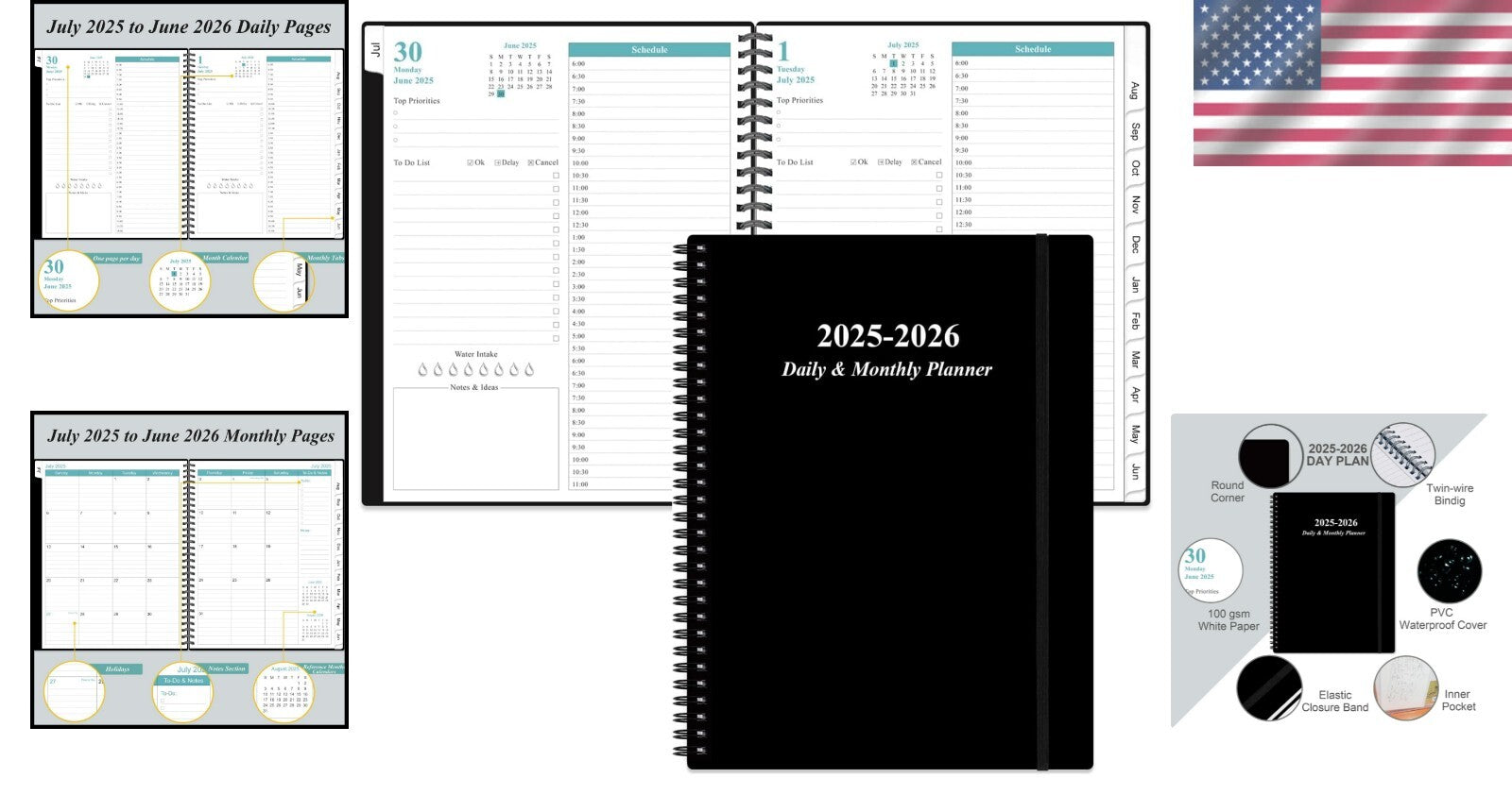 Deluxe 2025-2026 Daily Planner with 12 Monthly Tabs & Thick Ink-Proof Paper