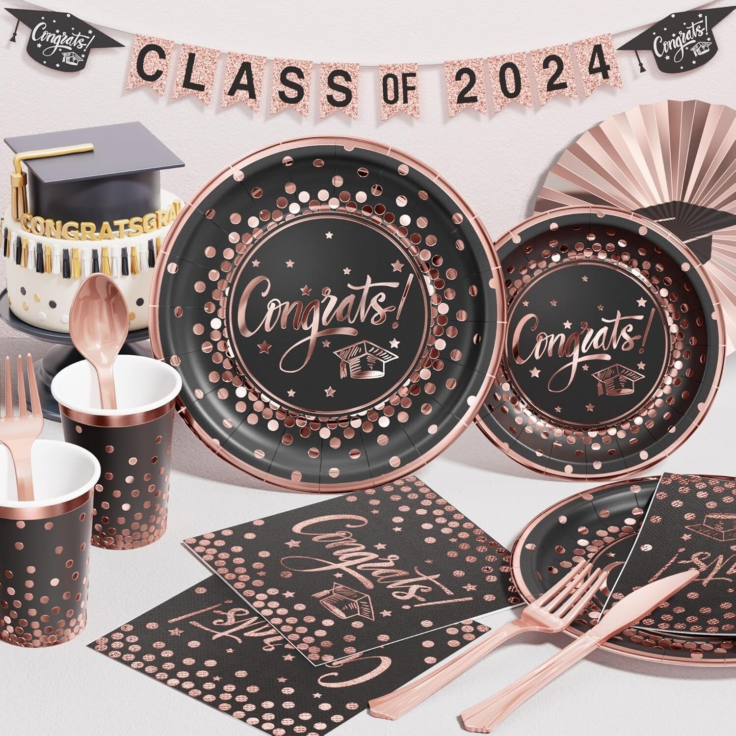 Complete 2025 Graduation Celebration Kit - 245 PCS in Black, Pink & Rose Gold