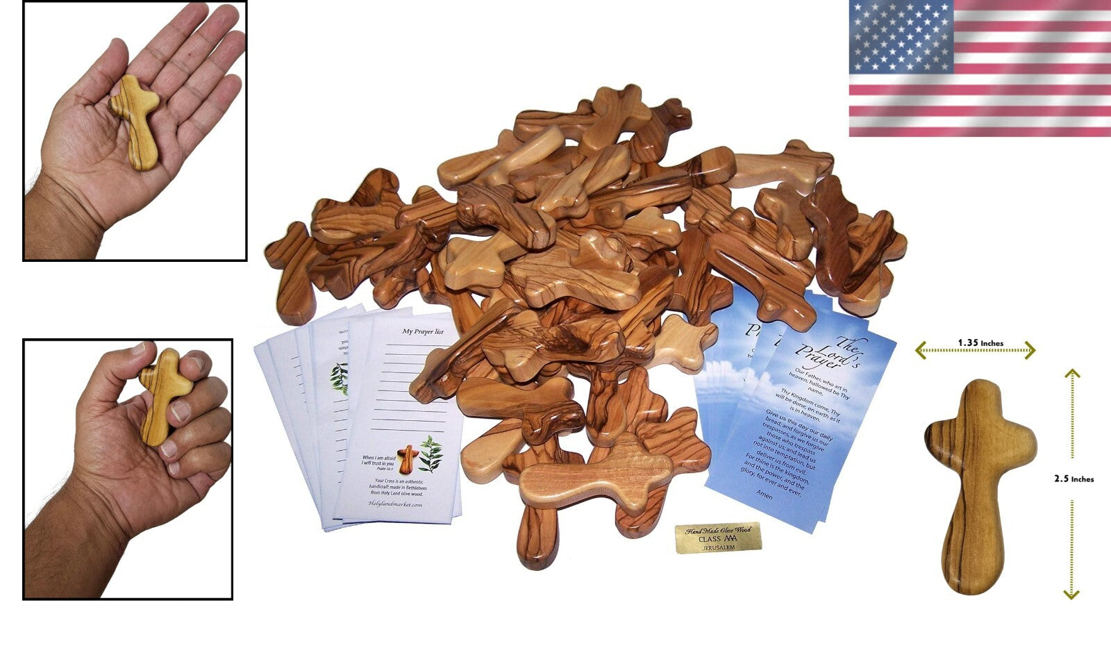 Inspirational 2.5" Olive Wood Palm Crosses with Lord Prayer Card - Pack of 50