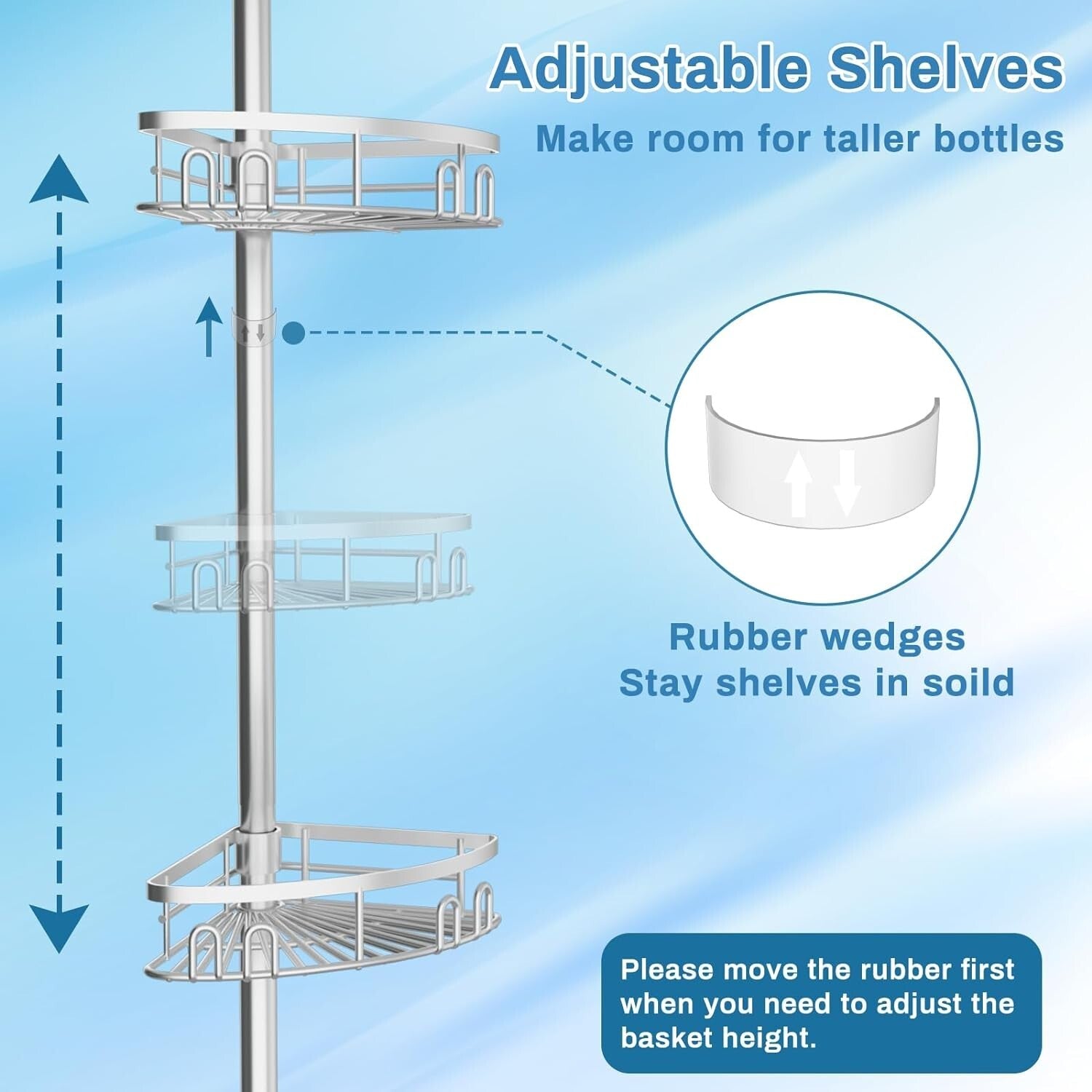 Stainless Steel Shower Corner Shelf with Adjustable Height & Towel Bar - Silver