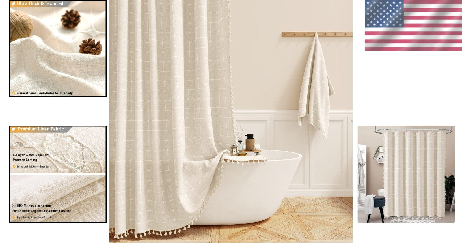 Luxurious 72x84 Inch Water-Repellent Linen Blend Shower Curtain with Tassels