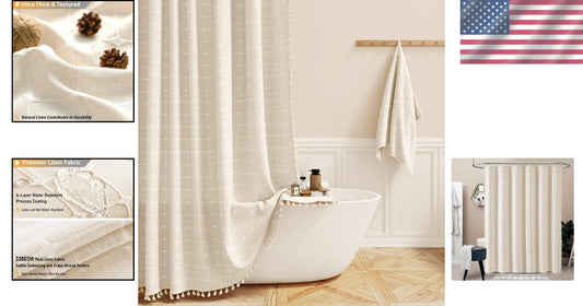 Luxurious 72x84 Inch Water-Repellent Linen Blend Shower Curtain with Tassels
