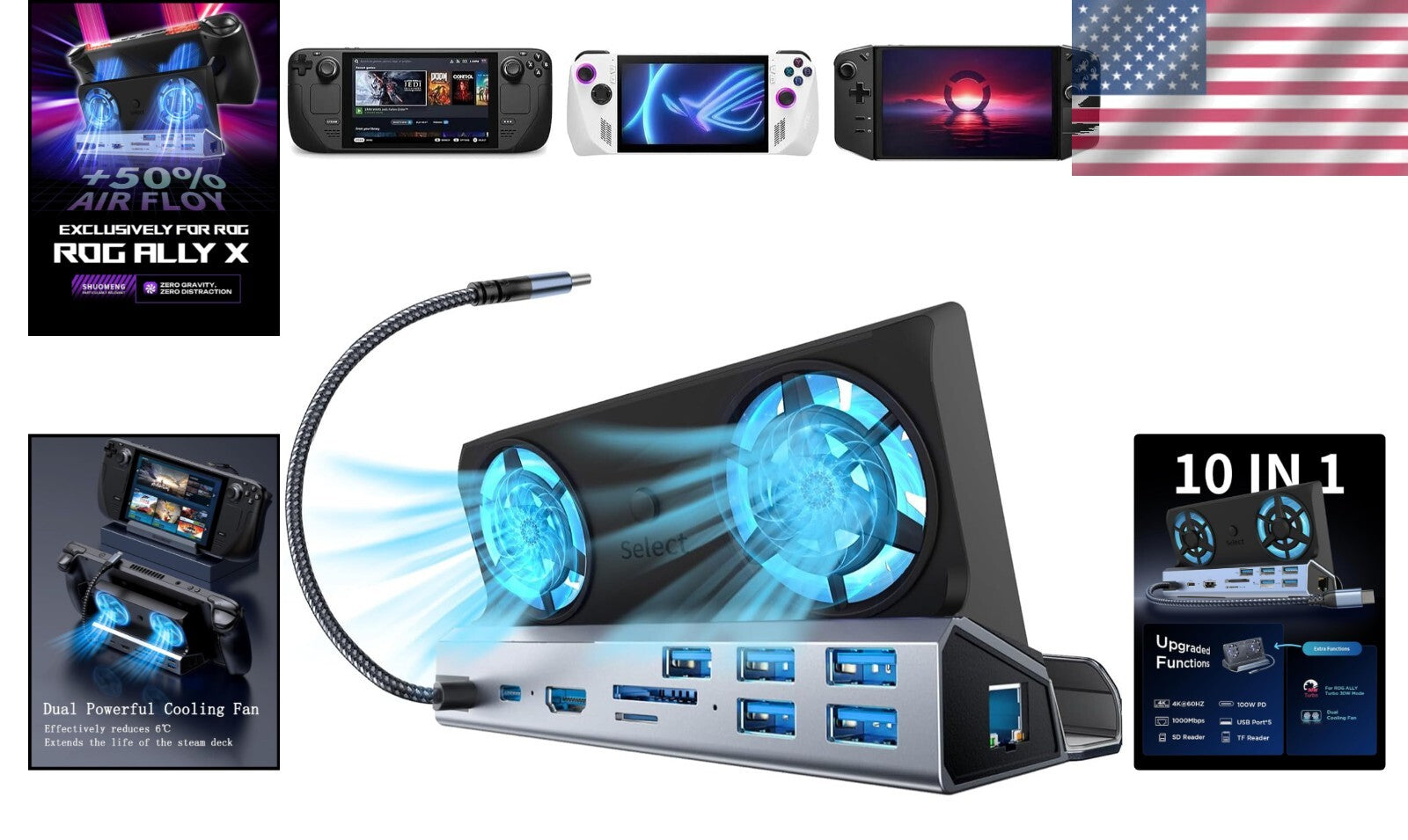 Stylish Silver 10-in-1 Docking Station with Dual Cooling for Steam Deck & More