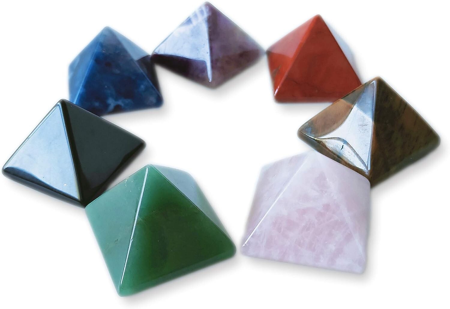 Natural Chakra Healing Crystal Pyramids Set - Seven Handcrafted Pieces - 1.5 in