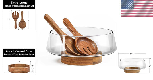 Classic Extra Large Glass Salad Bowl with Serving Utensils and Acacia Wood Stand