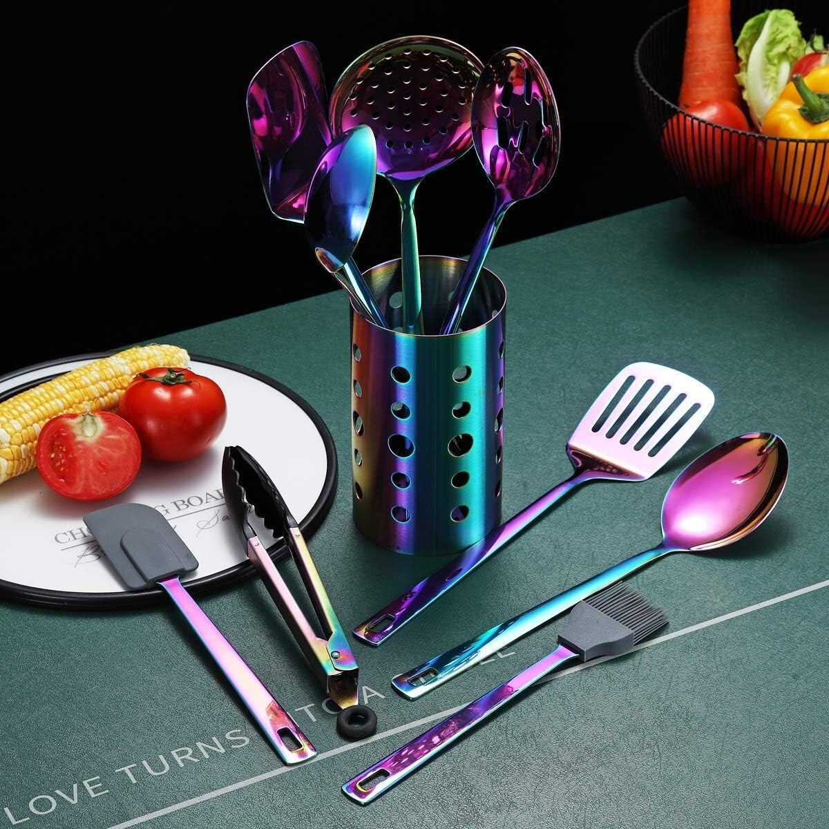 Durable Rainbow Kitchen Utensils Set - 13 Stainless Steel Pieces for All Cooking