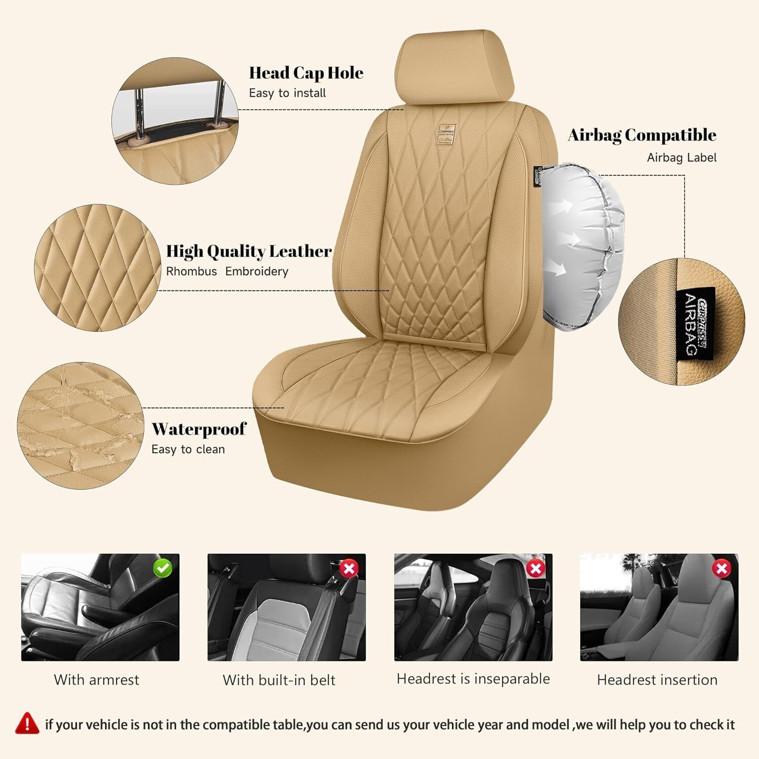 Ergonomic Universal Fit Leather Seat Covers in Pure Beige - Full Set for 5 Seats