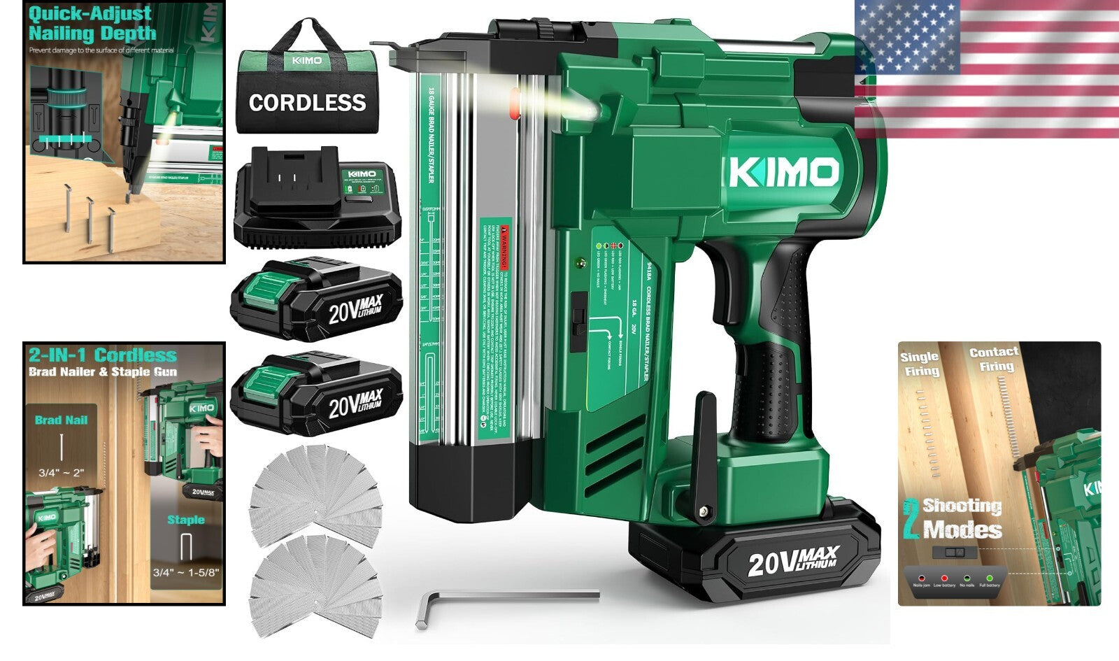 Versatile KIMO 18 Gauge Nail Gun - Adjustable Depth & 180 Nails/min Performance