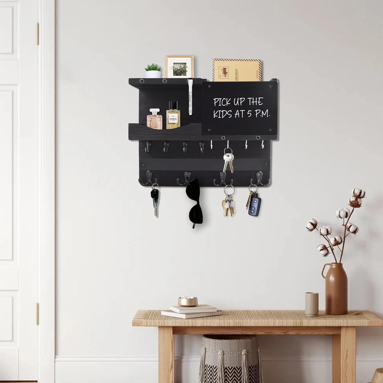 Antique Finish Key and Mail Holder with Chalkboard and Rustic Shelf Design